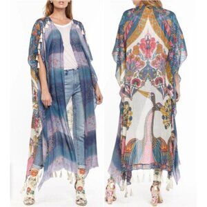 Arrata Kimono OS Field of Happiness Sheer Tassels Cranes Birds 100% Cotton